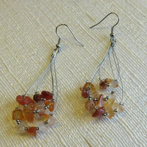 Hand Crafted Red Agate Gemstone Beads Triple Teardrop Loop 70mm Long Earrings